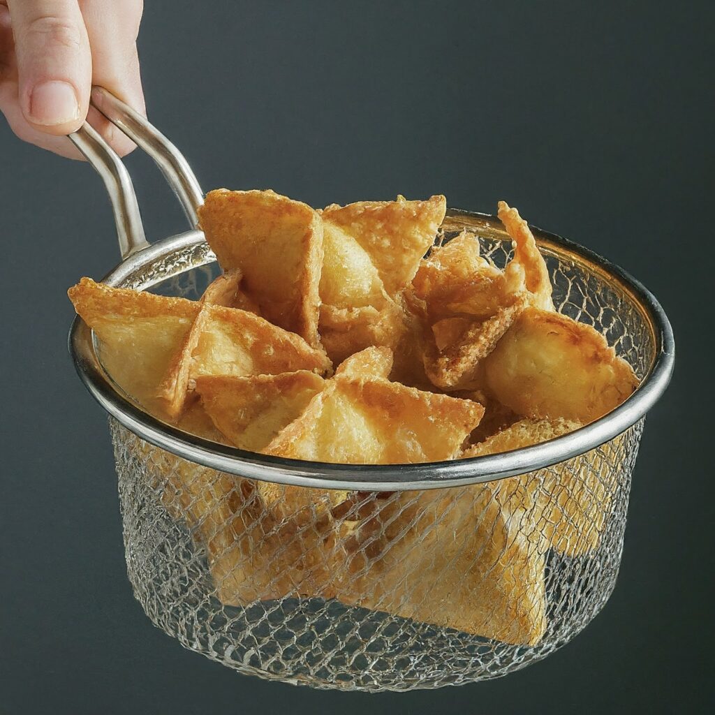 A deep fryer basket overflowing with golden brown Crab Rangoon being lifted out of hot oil.